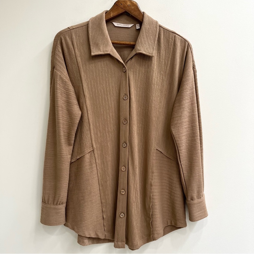 Soft Surroundings Brenna Tunic Top Button Up Taupe Relaxed Lagenlook Medium